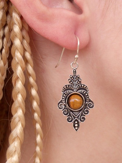 Ethnic silver earrings natural stone round orange Cornelian wellness