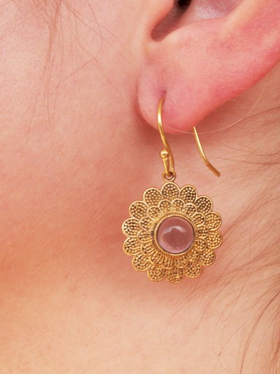 Boucles d'oreilles dorées fluorite en forme de soleil et pierre naturelle Améthyste