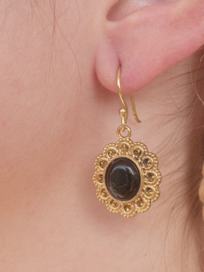 Dark black obsidian gold earrings