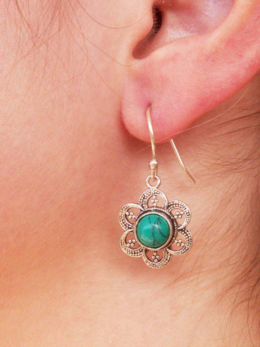 small flower-shaped silver earrings natural stone chrysocolla turquoise green
