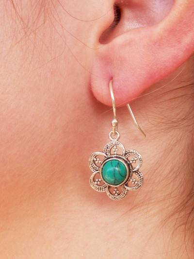 small flower-shaped silver earrings natural stone chrysocolla turquoise green