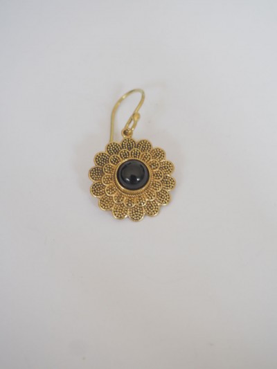 Round gold earrings with natural black onyx stone