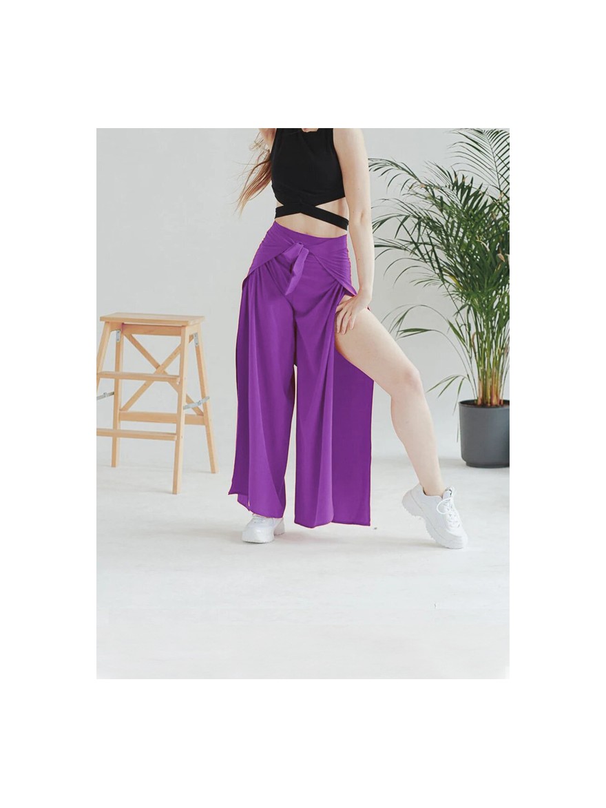 pantalon fendu pour femme, jupe-culotte, pantalon pattes d'eph, taille ajustable, pantalon wrap violet en viscose.