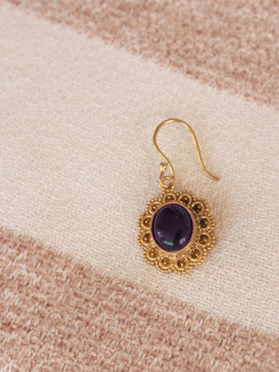 small gold earring with round natural lapis lazuli stone