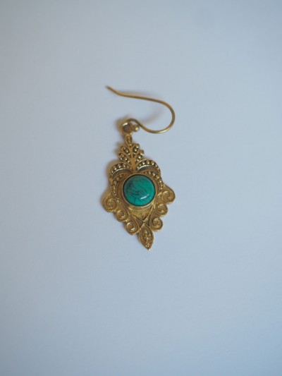 Ethnic gold-plated metal earrings with natural round Chrysocolla stone
