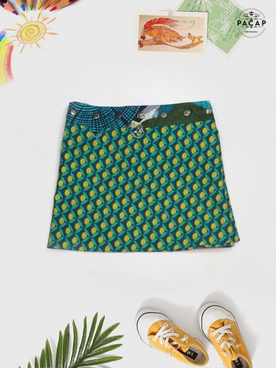 Unique children's skirt with small yellow flowers and green petals