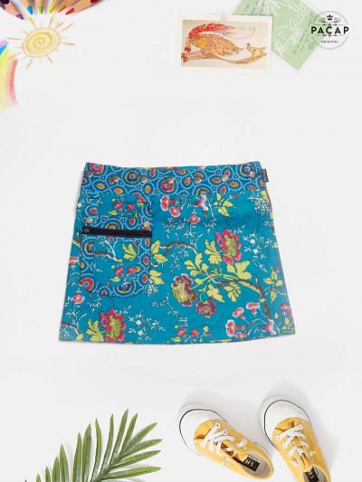 Blue floral children's skirt with removable zipped pocket