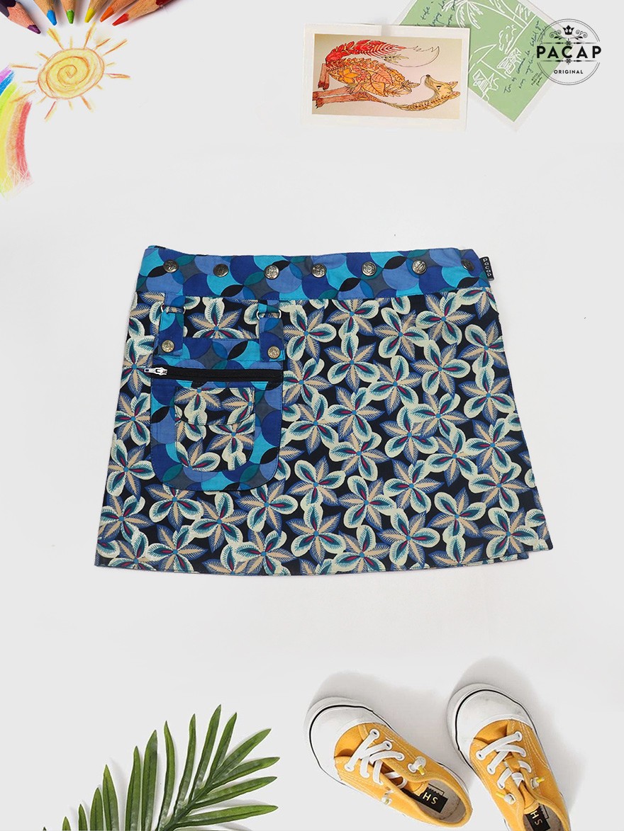 Reversible skirt for girls with blue Hawaiian flower pattern