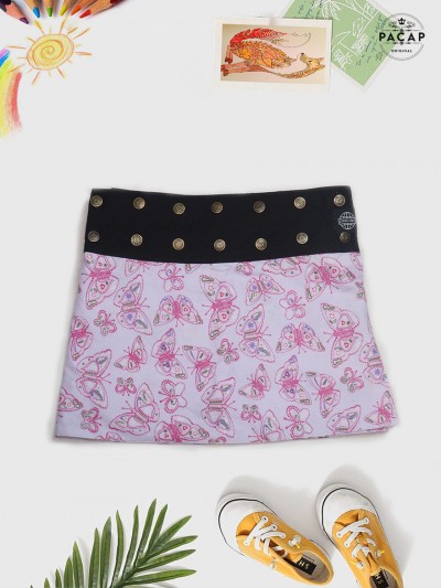 Jupe rose pour fille motif papillon, jupe portefeuille, jupe reversible, jupe a bouton, jupe enfant