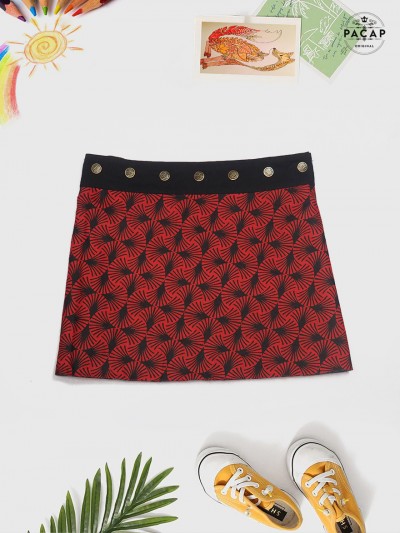 jupe enfant, jupe wrap en coton Motifs géométriques éventails japonais jupe rouge pour fille 4 à 14 ans