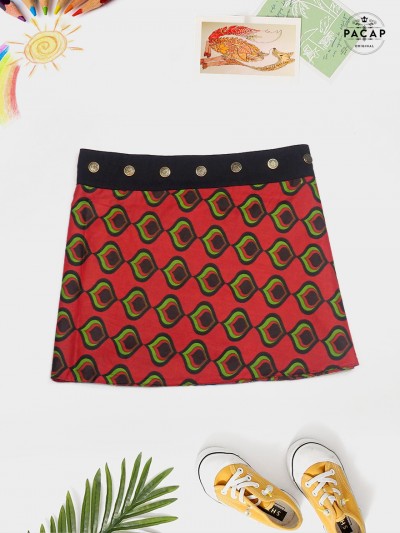 jupe rouge sans pli pour enfant Motifs géométriques éventails japonais jupe fille 4 à 14 ans jupe portefeuille