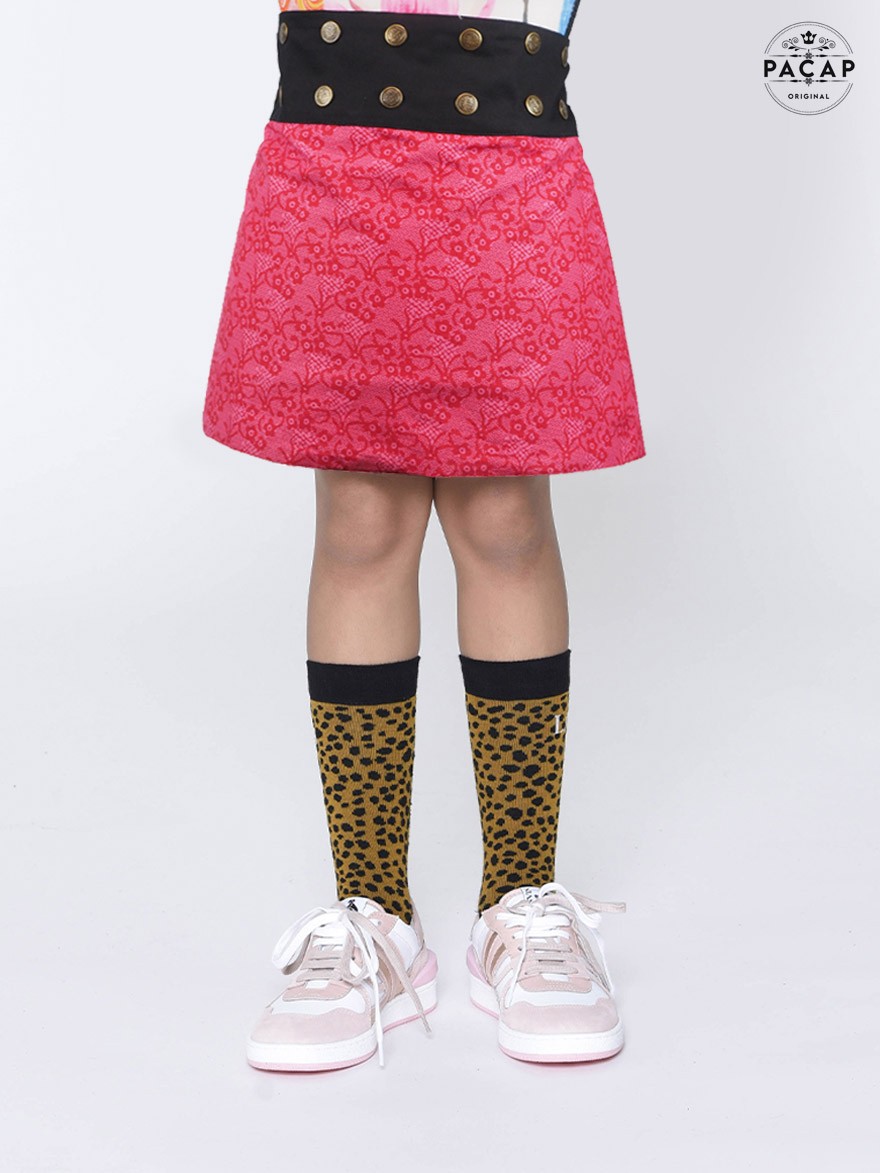 Jupe fille coton rouge imprimé liberty à petites fleurs roses pour enfant, jupe évasée, jupe ajustable évaséen jupe coton