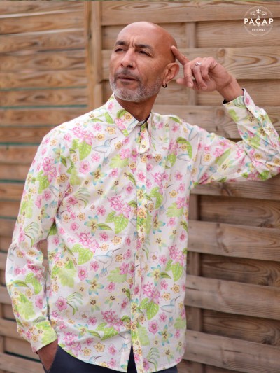white shirt printed with flowers and birds man