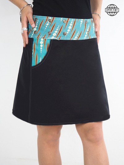jupe turquoise trapèze mi-longue imprimé numerique HD ethnique ceinture noire à boutons
