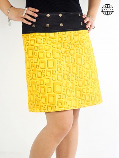 Jupe droite coupe portefeuille carreaux jaune avec motif BD jaune taille unique ajustable