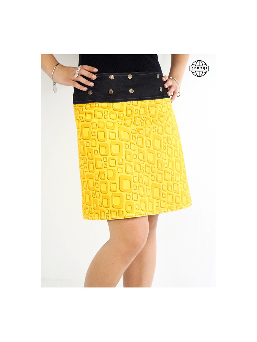 Jupe droite coupe portefeuille carreaux jaune avec motif BD jaune taille unique ajustable