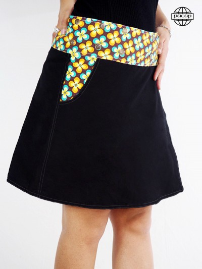 Summer skirt with yellow flower straight cut blue denim belt snap button digital print