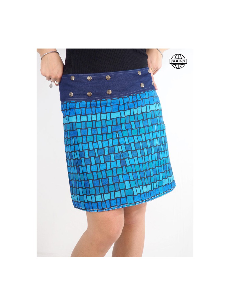 jupe femme reversible carreaux bleue fendue coupe portefeuille collection impression numerique avec poche