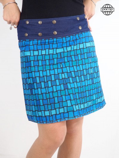 jupe femme reversible carreaux bleue fendue coupe portefeuille collection impression numerique avec poche