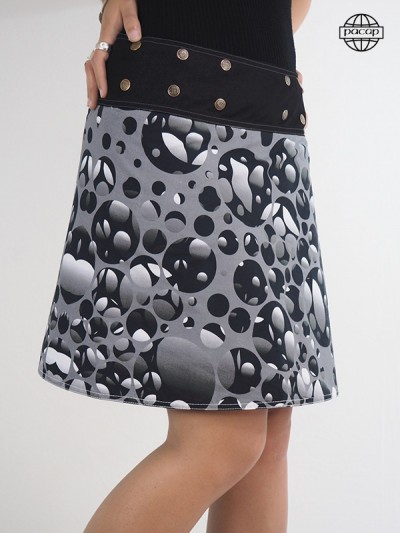 jupe femme multi-taille bouton coupe portefeuille motif à bulles gris et noir HD