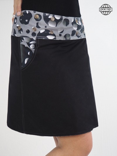 Jupe noire pour femme ceinture large  à pression ajustable et réversible avec motif ceinture et jupe