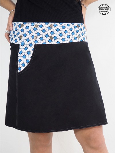 Jupe noire à carreaux étoiles bleu sur fond blanc qualité imprimé supérieur jupe ceinture large motif block print en coton