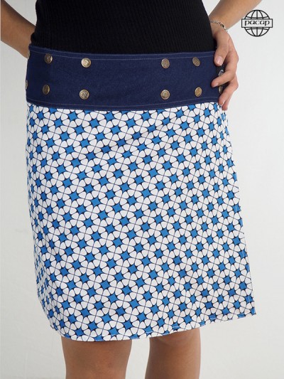 Jupe genoux portefeuille taille réglable impression digitale style géométrique bleue et blanc multi-taille