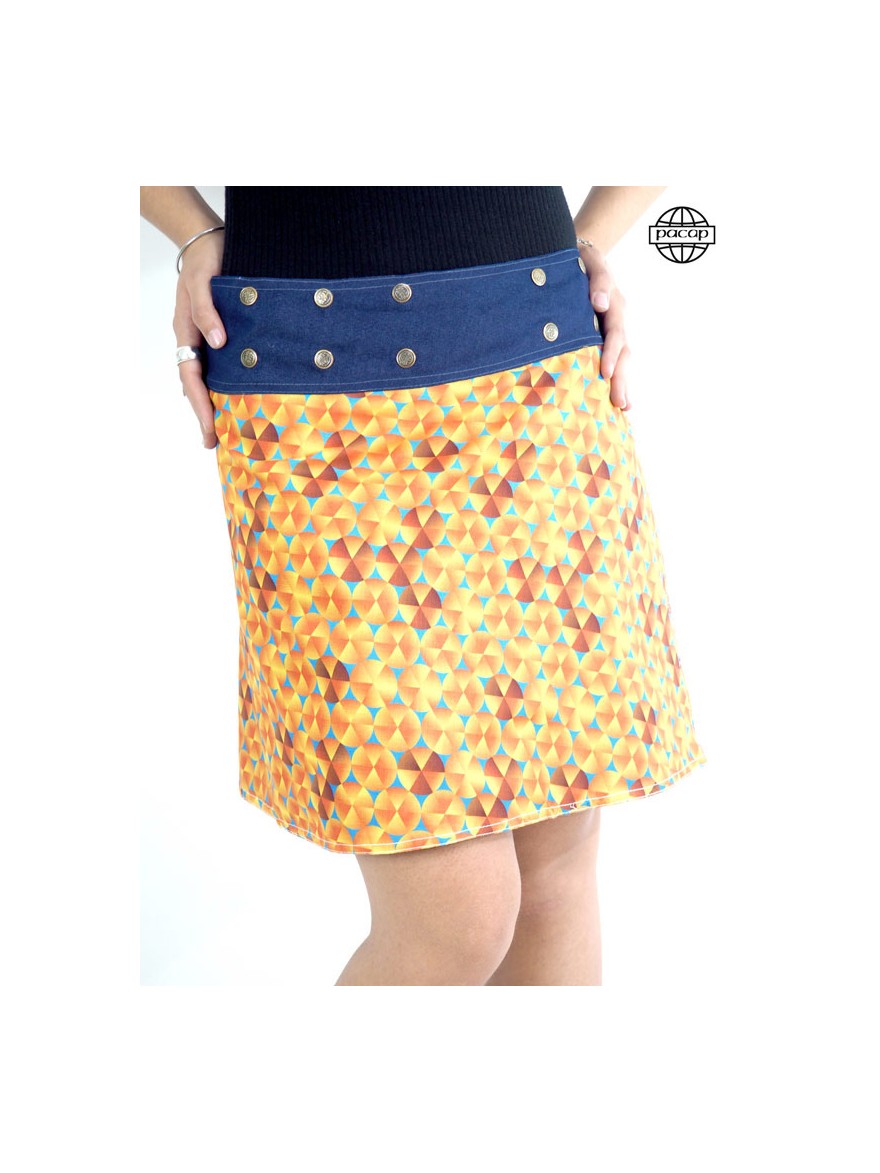 flared skirt with adjustable waistband and button closure in blue or black cotton and high quality digital print