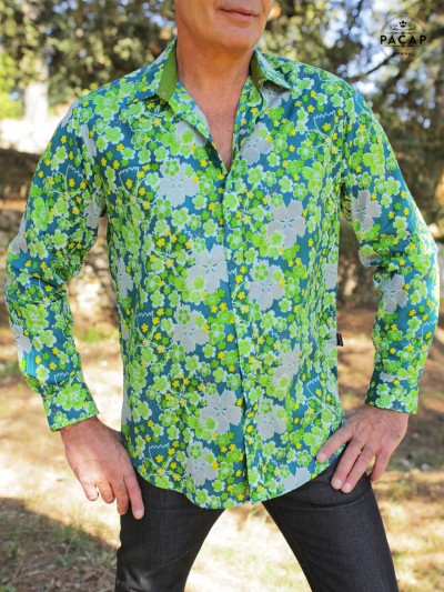 green shirt with french collar and floral print