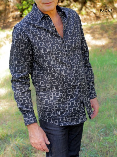 chemise noire classique ajustée motif carrés