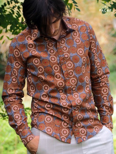 chemise ethnique marron voile de coton homme