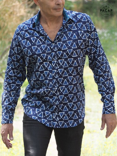chemise manche longue motif géométrique bleu homme