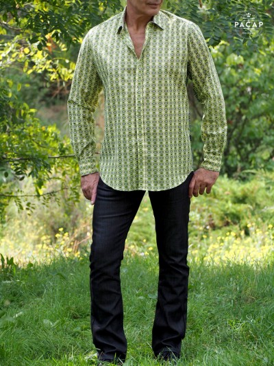 green shirt with apple green fancy print