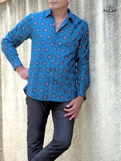 blue shirt with long sleeves, Italian collar for men