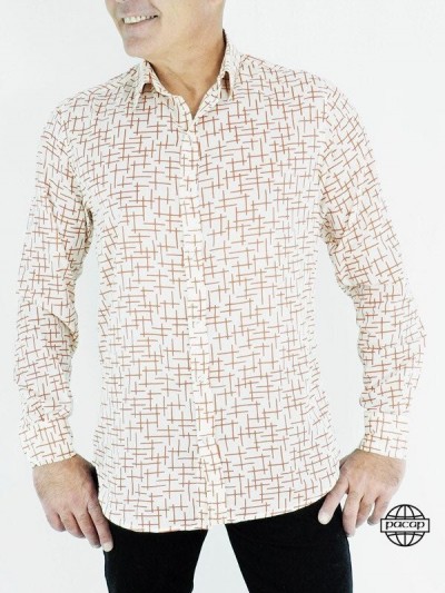 White geometric-print cotton voile shirt, fitted