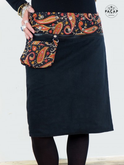 long black skirt printed belt buttoned zip small matching bag