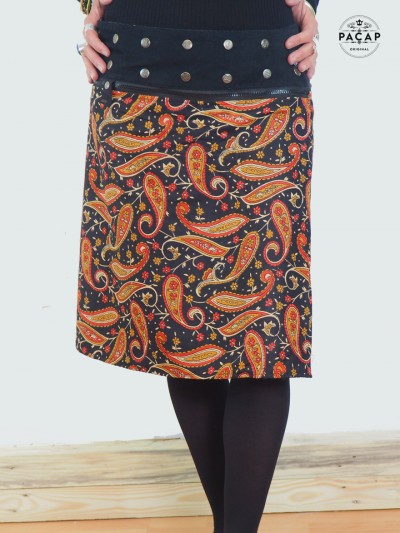 long skirt with wide belt and zip, straight cut, paisley paisley pattern