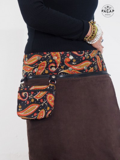 jupe marron velours fin pour femme sacoche zippée et ceinture bouton détachable femme taille unique