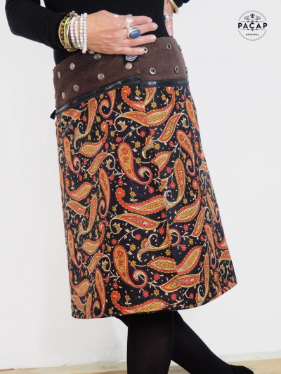 jupe fendue noire portefeuille longue coton imprimé cachemire zip bouton pression grossiste français femme