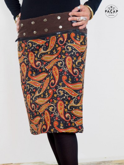 Brown skirt Printed woman zipped belt and buttoned large traille