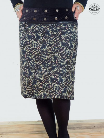 jupe noire multi-taille vcoton imprimé originale ceinture zippée femme jupe longue boutonnée