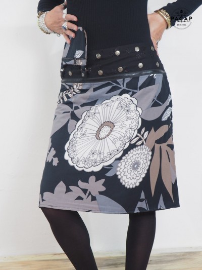 Long wrap skirt printed cotton belt zip 2 in 1 woman