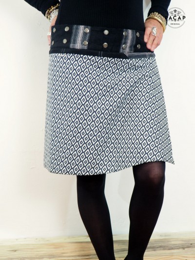 jupe portefeuille droite coton imprimé géometrique à bouton pression ceinture zip femme avec collant