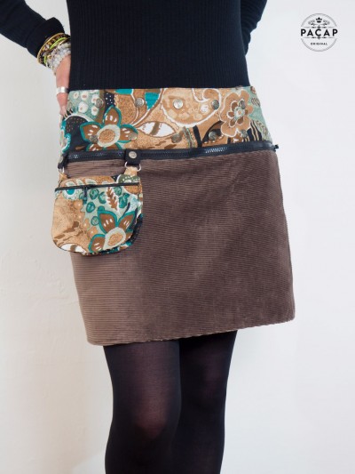 brown ribbed reversible skirt with belt and snap fastener for women