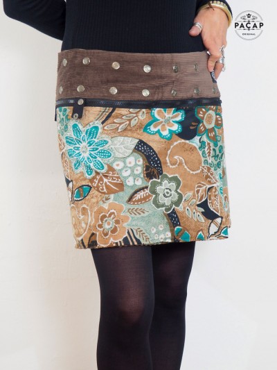 jupe à fleurs droite réversible taille unique sacoche jupe ceinture velours côtelée boutonnée grossiste français