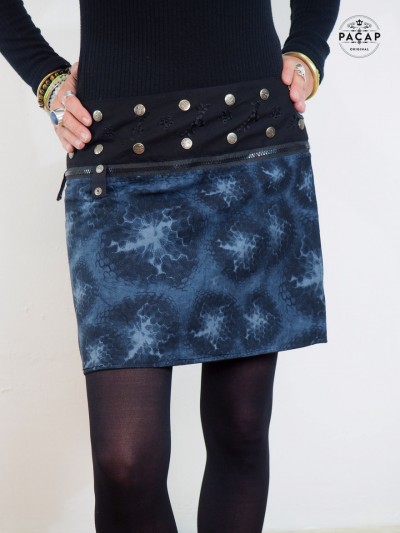 mini skirt blue printed belt removable snap woman