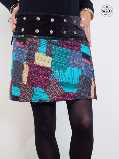 jupe courte fendue de qualité 100% avec une sacoche assortie femme motif patchwork