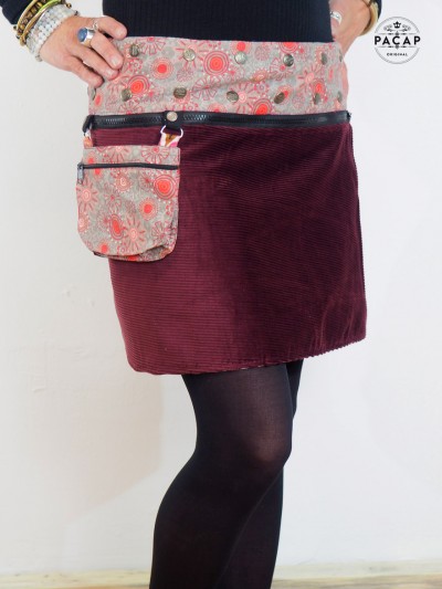 short red corduroy skirt with zip belt snap woman