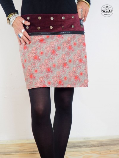 mini jupe droite rose en coton imprimé ethnique ceinture détachable assortie sacoche femme