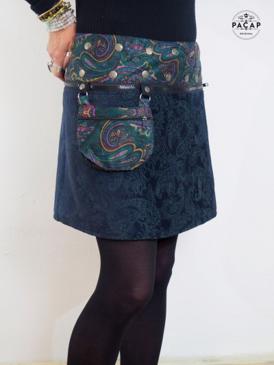short blue velvet mini-skirt with removable zipper belt for women